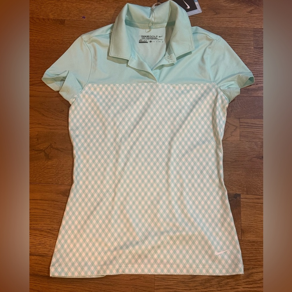 NWT. Nike. Golf Tour Performance Short Sleeve Polo. Aqua/White Gingham. XS